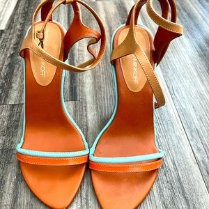 Strappy sandals tan with orange and teal accents by Rebecca minkoff